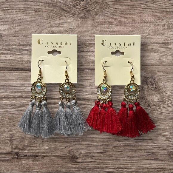 Set of 2 Crystal Collection Dangle Rhinestone Tassel Drop Earrings Women - Picture 1 of 6